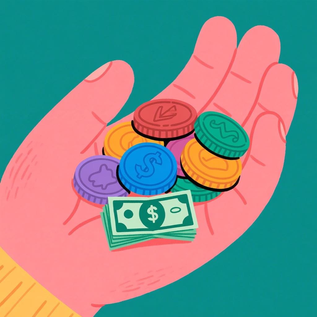 A close-up image of a hand holding a handful of colorful coins and a small paper bill, representing monetary change.