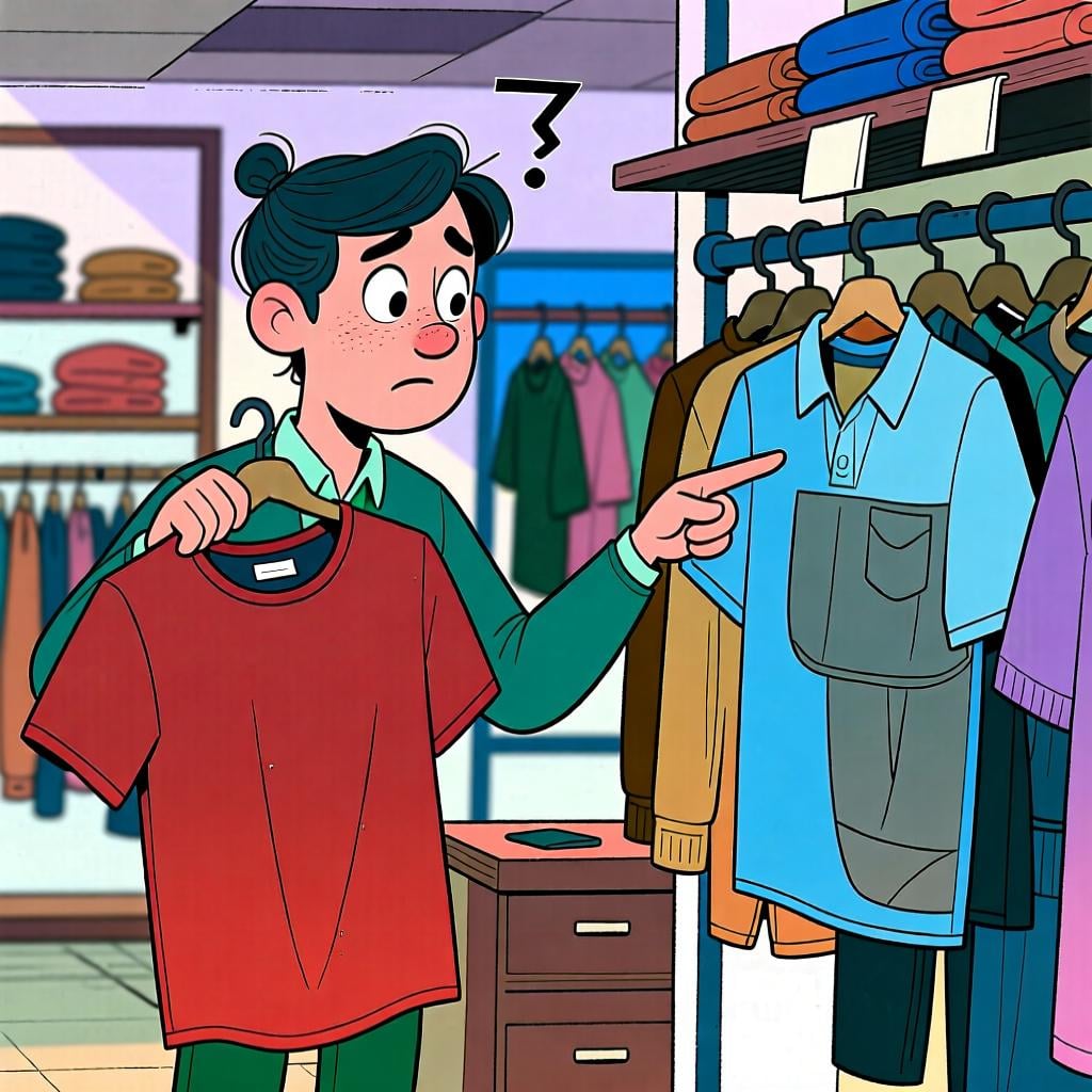 A person in a store is holding a red shirt but looking at and pointing to a blue shirt on a rack, choosing 'the other one' without naming it.