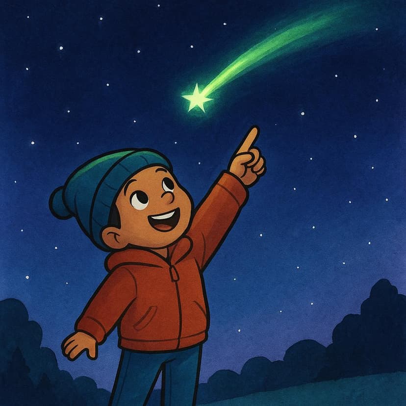 A person outside at night, pointing up and looking excitedly at a bright, fading streak of a shooting star in the dark sky.