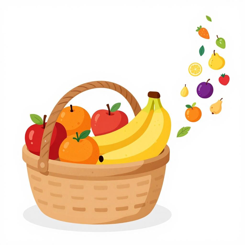 A colorful basket overflowing with various fruits like apples, oranges, and bananas, with more fruits trailing off into the background.