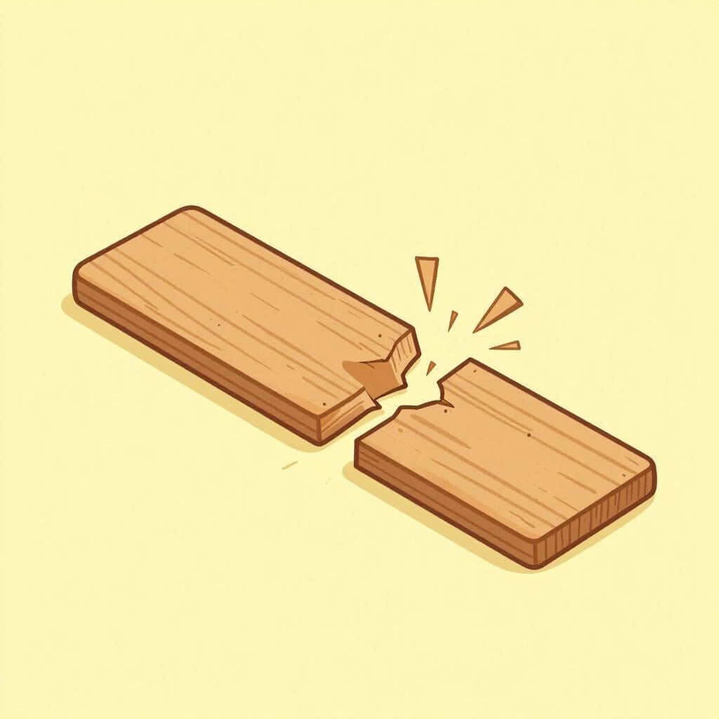 Eine einzelne Holzplanke, die in viele kleine, scharfe Stücke zerbricht.