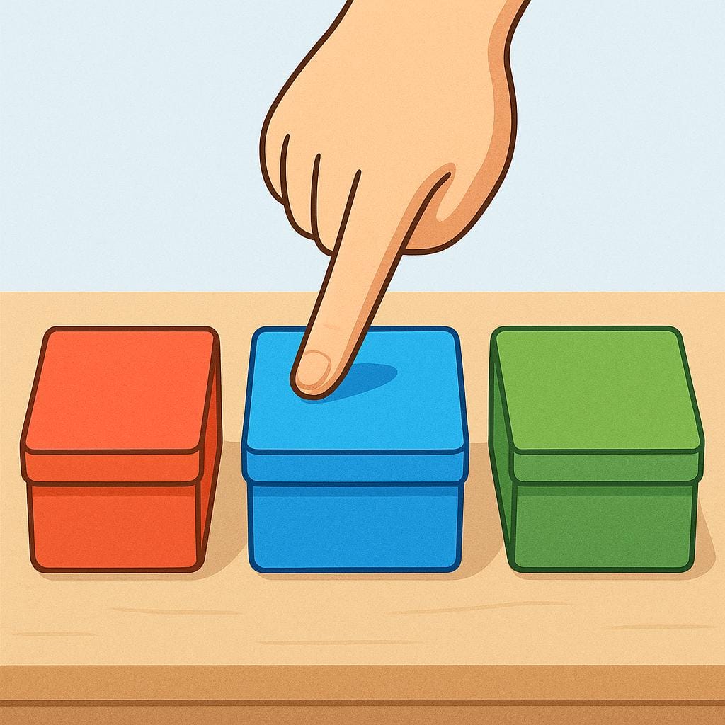 Een menselijke hand wijst direct en stevig naar een blauw vierkant object, wat aangeeft dat dit specifieke object is gekozen of verkozen boven twee andere nabijgelegen objecten.