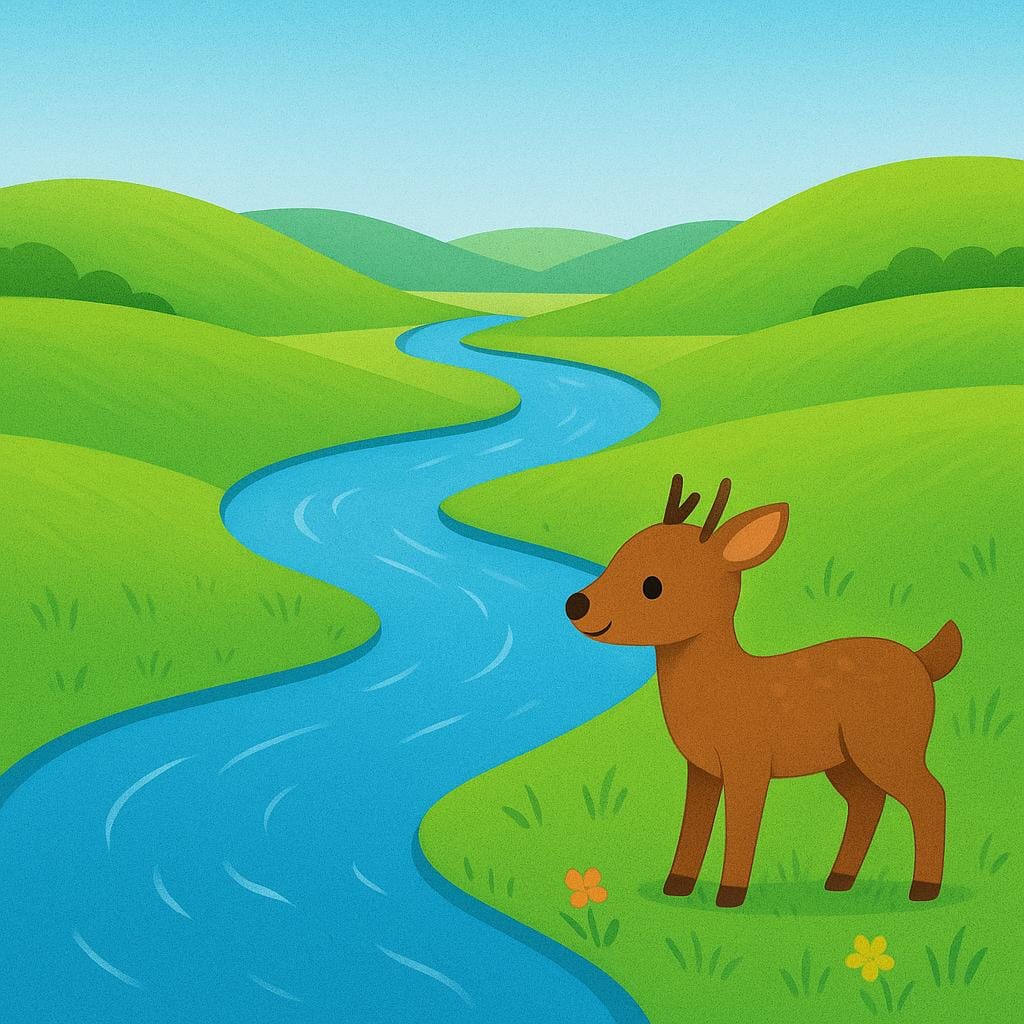 A vibrant storybook illustration of a lush natural landscape featuring rolling green hills, a winding blue river, and a single brown deer standing near the water's edge.