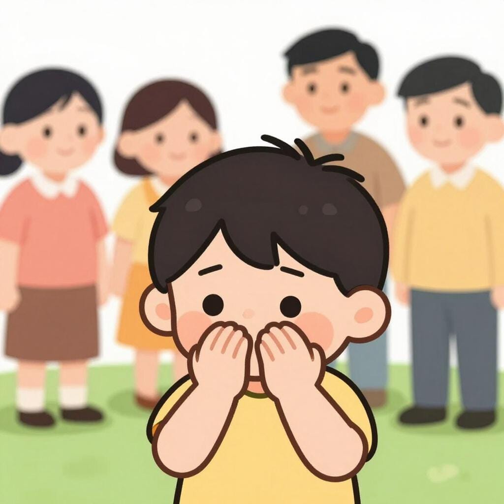 A child hiding their face behind their hands at a birthday party while others look on with smiles.