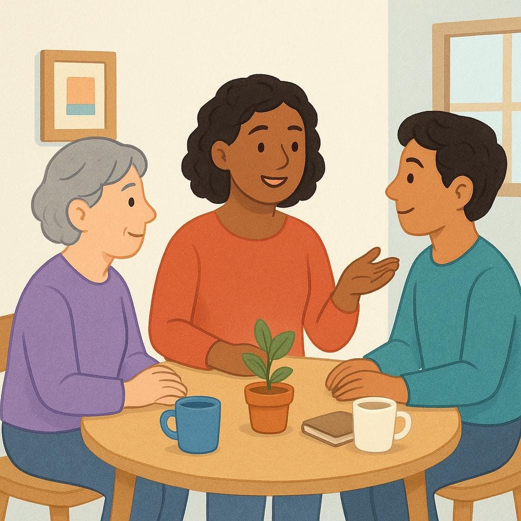 Three cartoon figures sitting around a circular table in a simple room, one figure is speaking while the others listen attentively, representing a meeting being held.