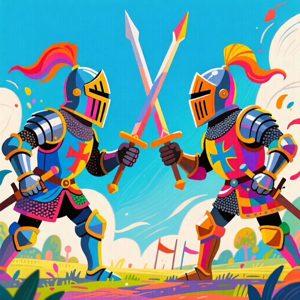 Two stylized knights facing each other ready for a competition, symbolizing opposition.