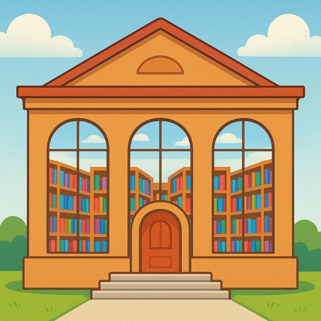 A brightly colored, friendly illustration of the exterior of a public library building with large windows and a sign (without text) indicating its purpose.