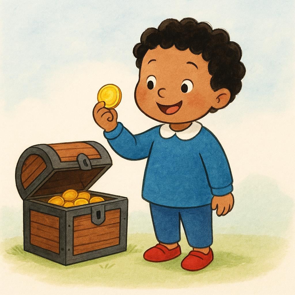 A smiling child holding a gold coin they retrieved from a wooden treasure chest, symbolizing obtaining something.