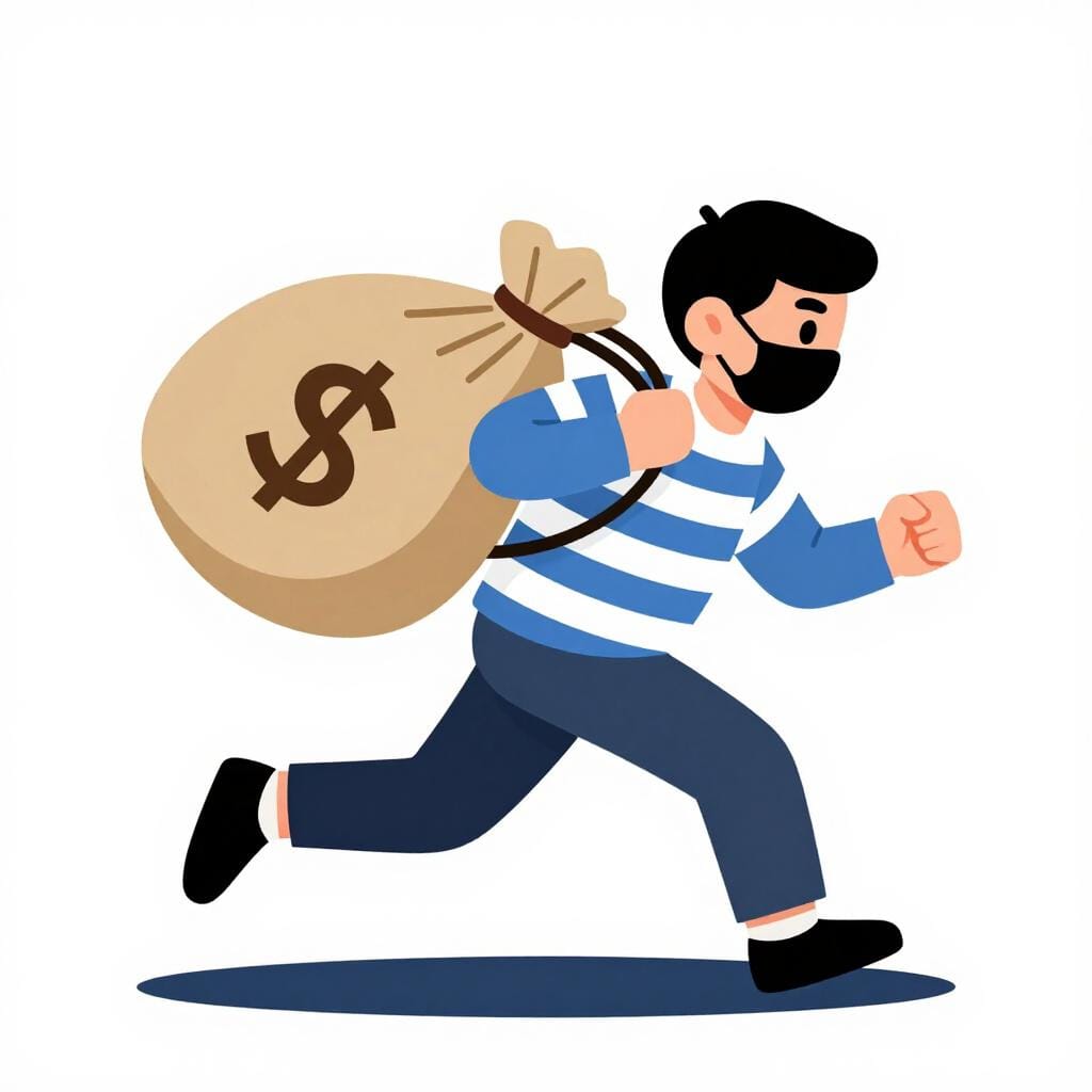A simple illustration of a masked thief running away with a bag of money.