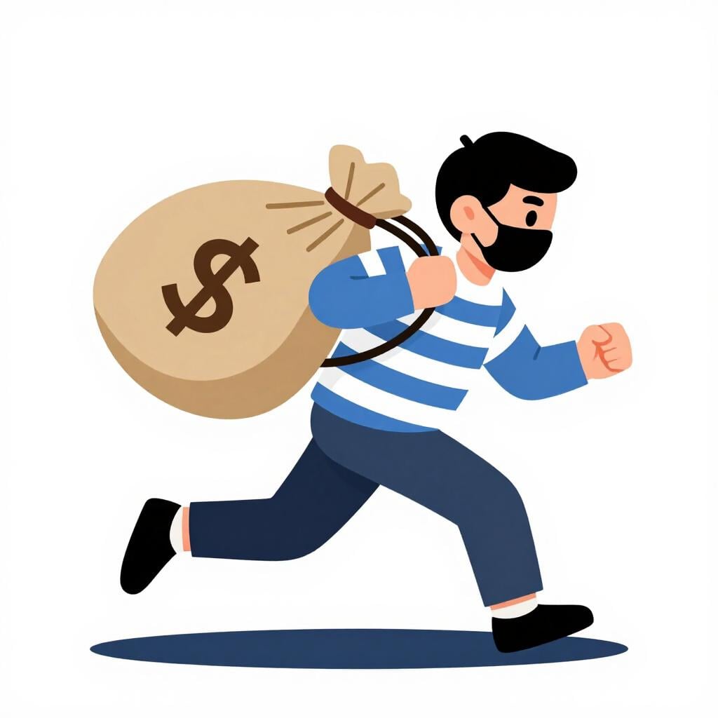 Une illustration simple d'un voleur masqué s'enfuyant avec un sac d'argent.