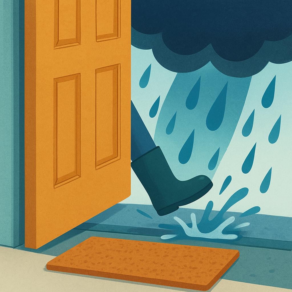 A person is just crossing the threshold of a doorway into a house, while simultaneously, heavy rain is instantly beginning to fall immediately outside the door.
