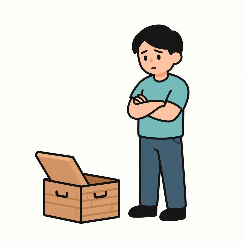 Uma pessoa em pé com os braços cruzados e um olhar pensativo e questionador no rosto enquanto olha para uma caixa misteriosa.