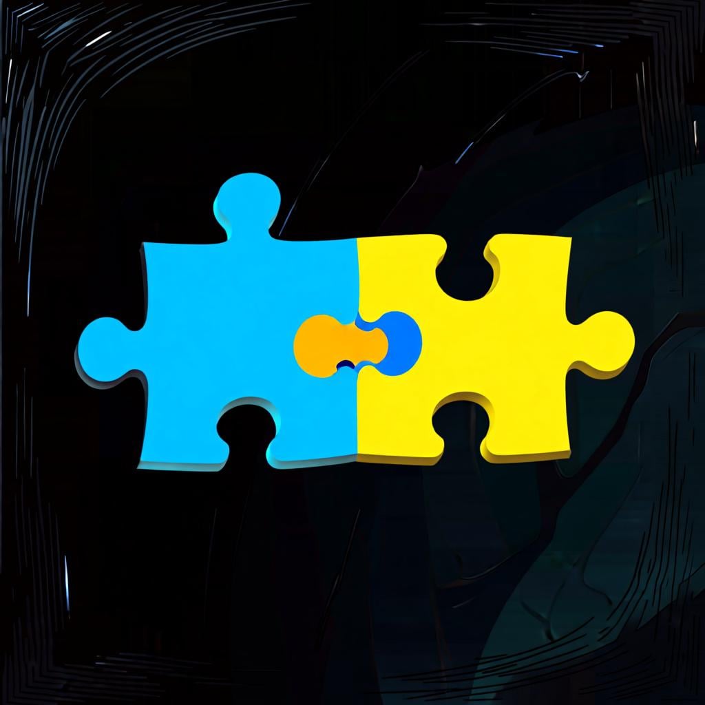 Two simple, different colored puzzle pieces fitting together perfectly, symbolizing connection.