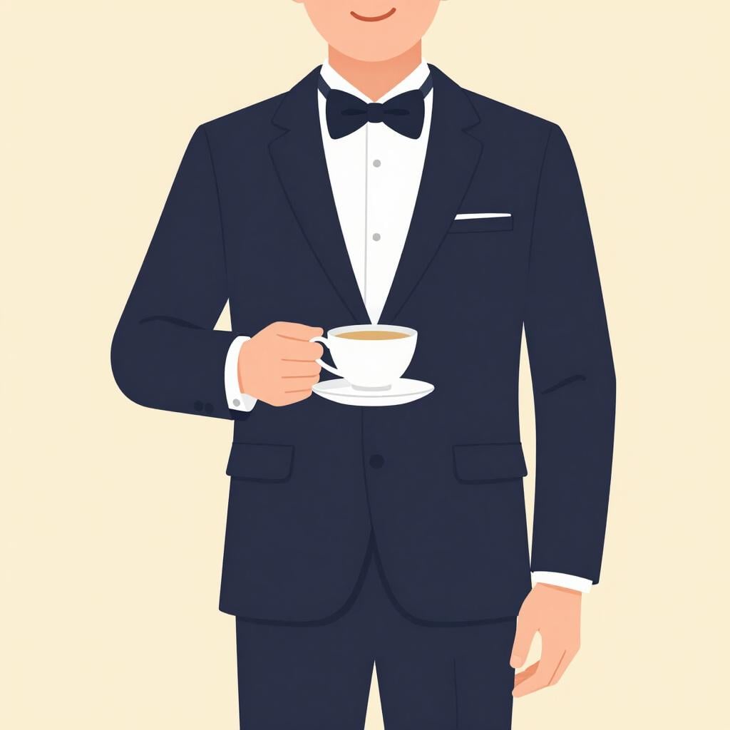 A well-dressed person in a suit holding a small cup of tea with a polite expression.