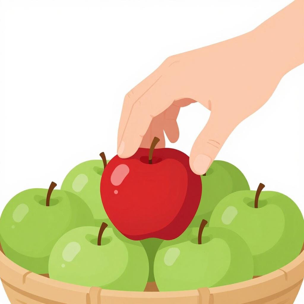 A single bright red apple standing out in a basket of green apples.