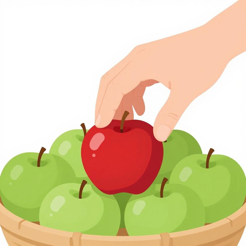 A single bright red apple standing out in a basket of green apples.