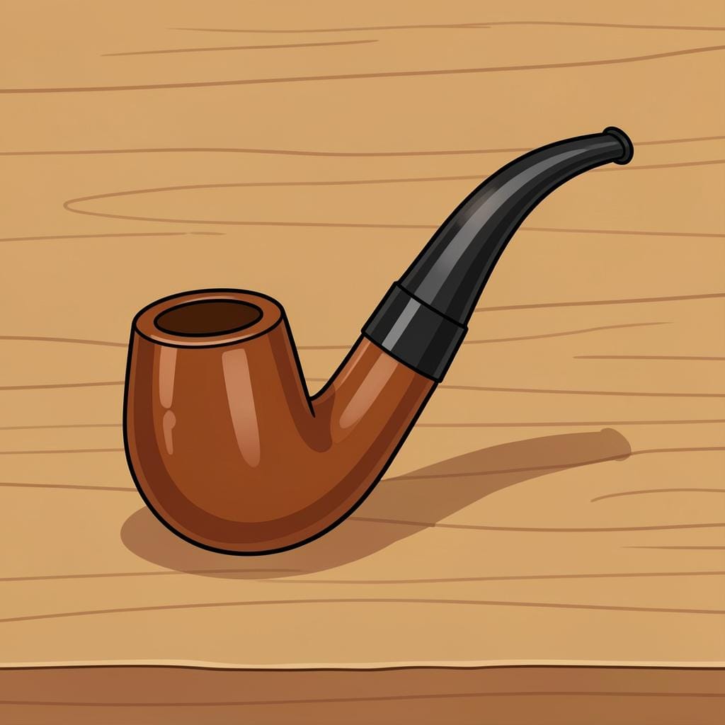 A classic wooden smoking pipe with a curved stem resting on a wooden table.