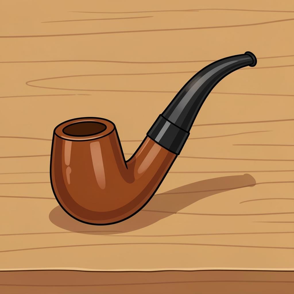 A classic wooden smoking pipe with a curved stem resting on a wooden table.