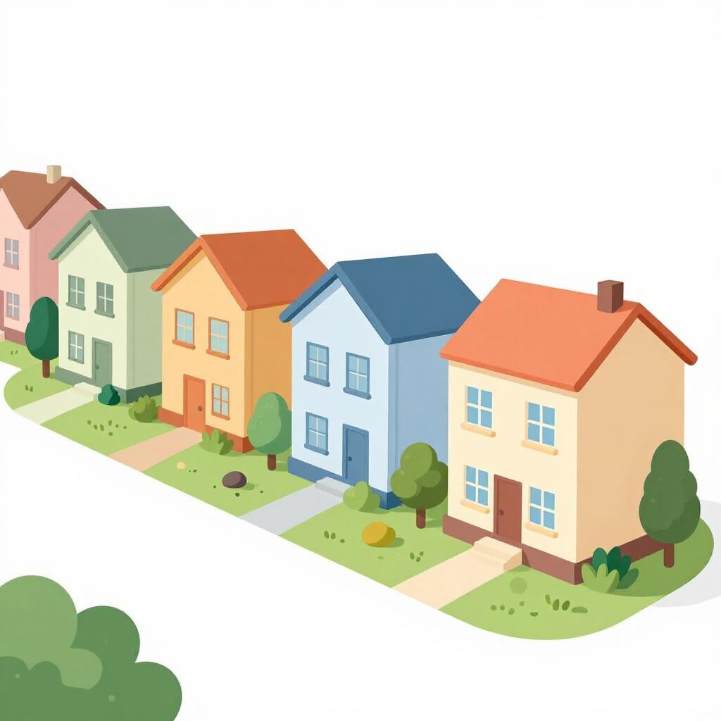 A row of colorful small houses with different roof shapes and colors.