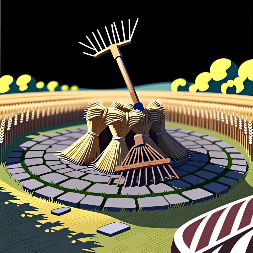 Um piso circular de pedra em um campo de fazenda, usado para debulhar grãos.