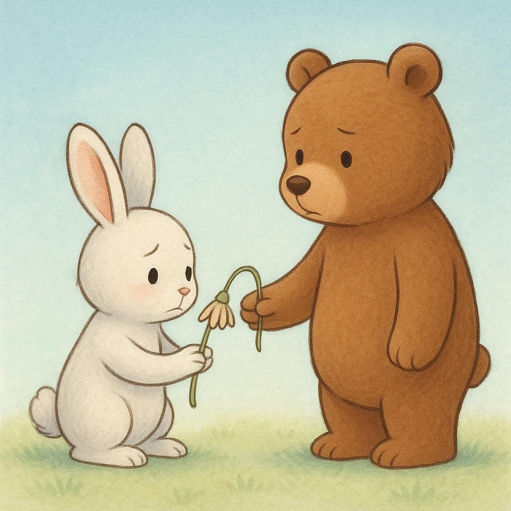 A small child giving a sorry-looking flower to an older, slightly sad child as a gesture of apology.