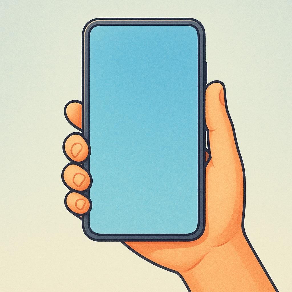 A simple drawing of a modern cell phone being held in a human hand.