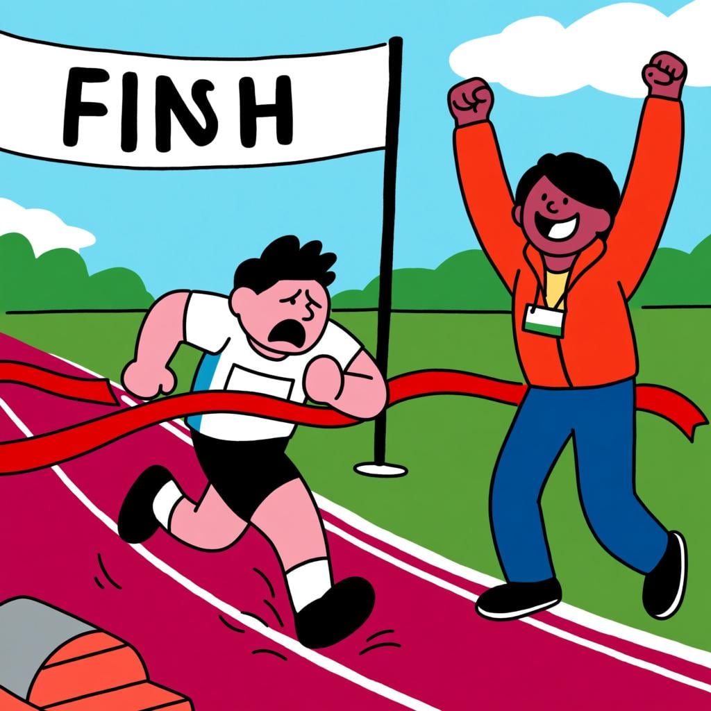 An exhausted runner is heavily struggling near a finish line banner, while a cheerful supporter beside the track leans in and enthusiastically raises their hands in encouragement.