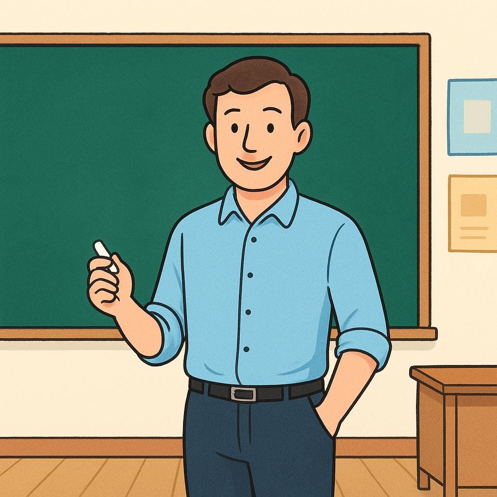 A friendly male teacher standing in a classroom next to a large green chalkboard, holding a piece of chalk and smiling.