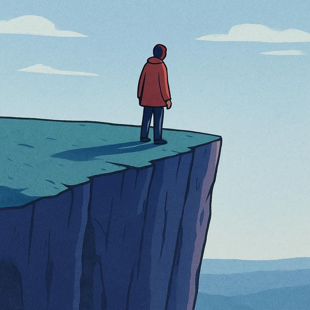 Eine vereinfachte Illustration einer Figur, die allein am äußersten Rand einer hohen, felsigen Klippe steht und auf eine weite, leere Landschaft blickt, was das Stehen am Abgrund symbolisiert.