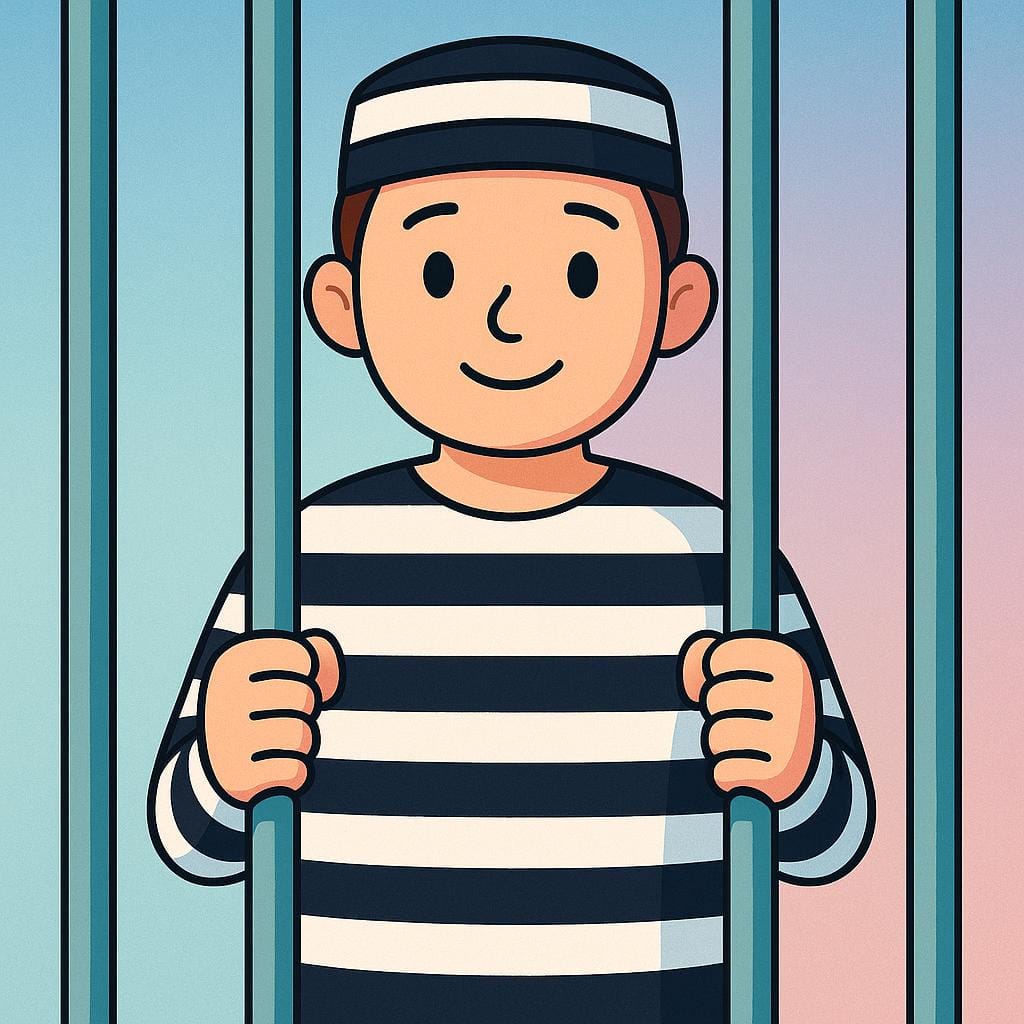 A simplified storybook illustration of a person wearing a striped prisoner uniform standing behind the bars of a jail cell.