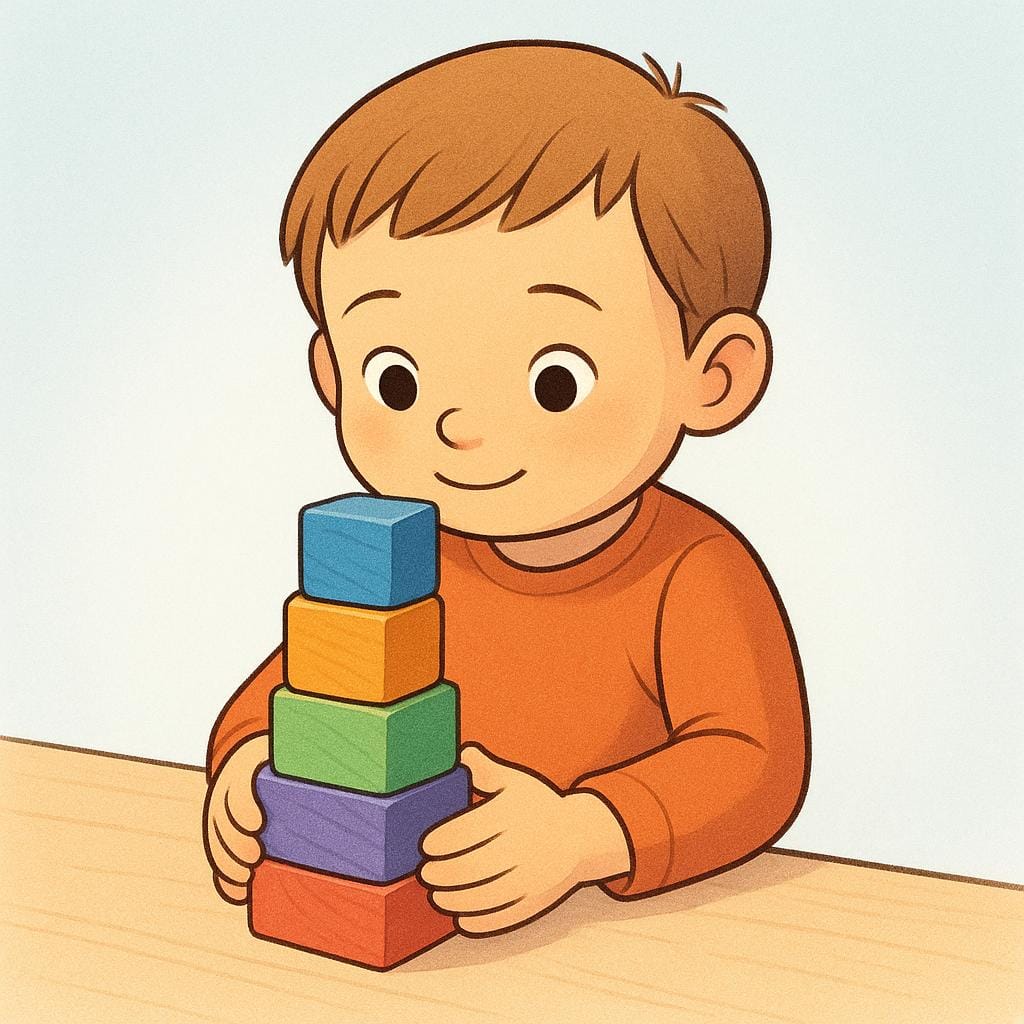 A child gently holding a tall, colorful stack of blocks steady to maintain its balance.