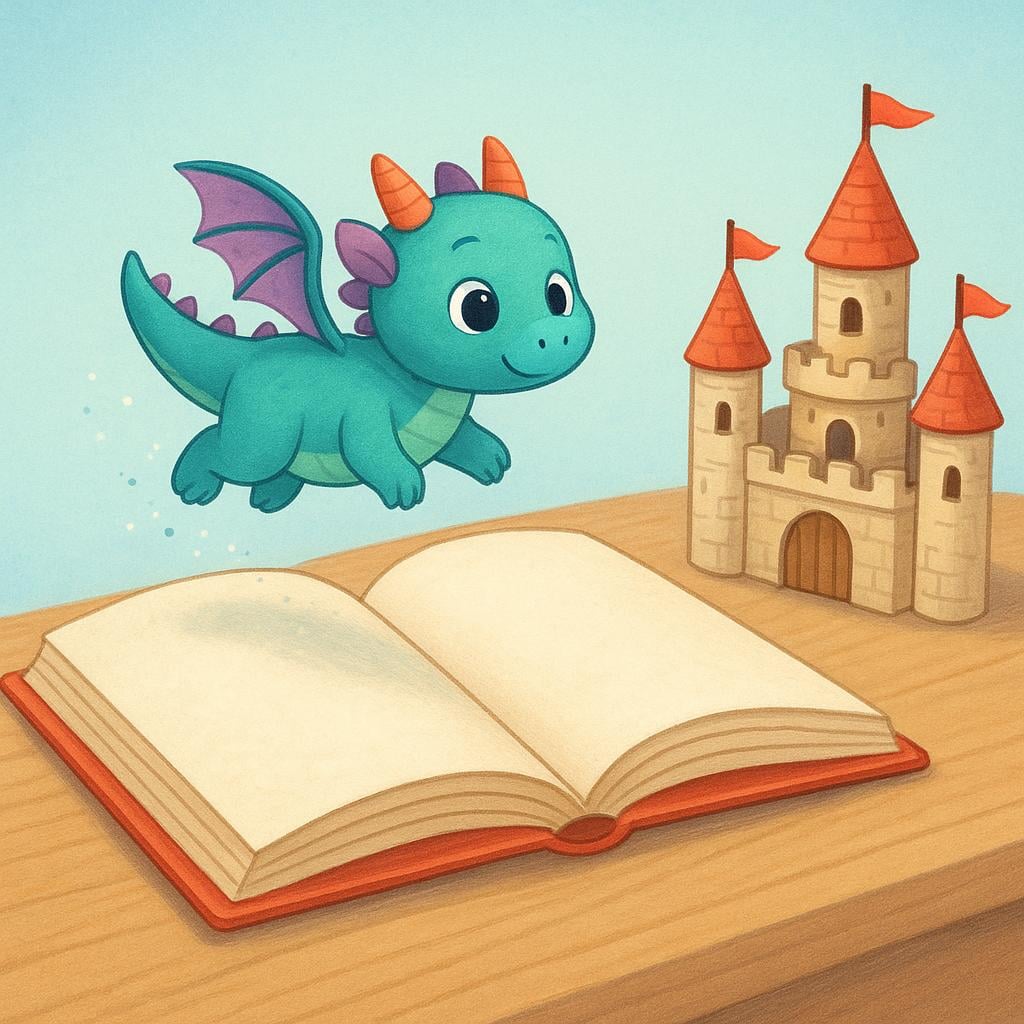 An open book from which a small dragon is emerging and flying toward a tiny castle, representing the book's subject matter.