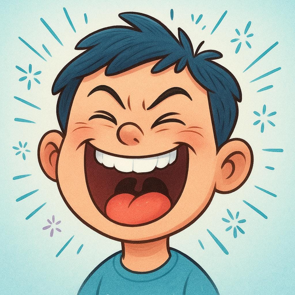 Un personnage rit intensément, avec de petites explosions d'énergie stylisées rayonnant de sa bouche et de sa tête, symbolisant une réaction émotionnelle soudaine.