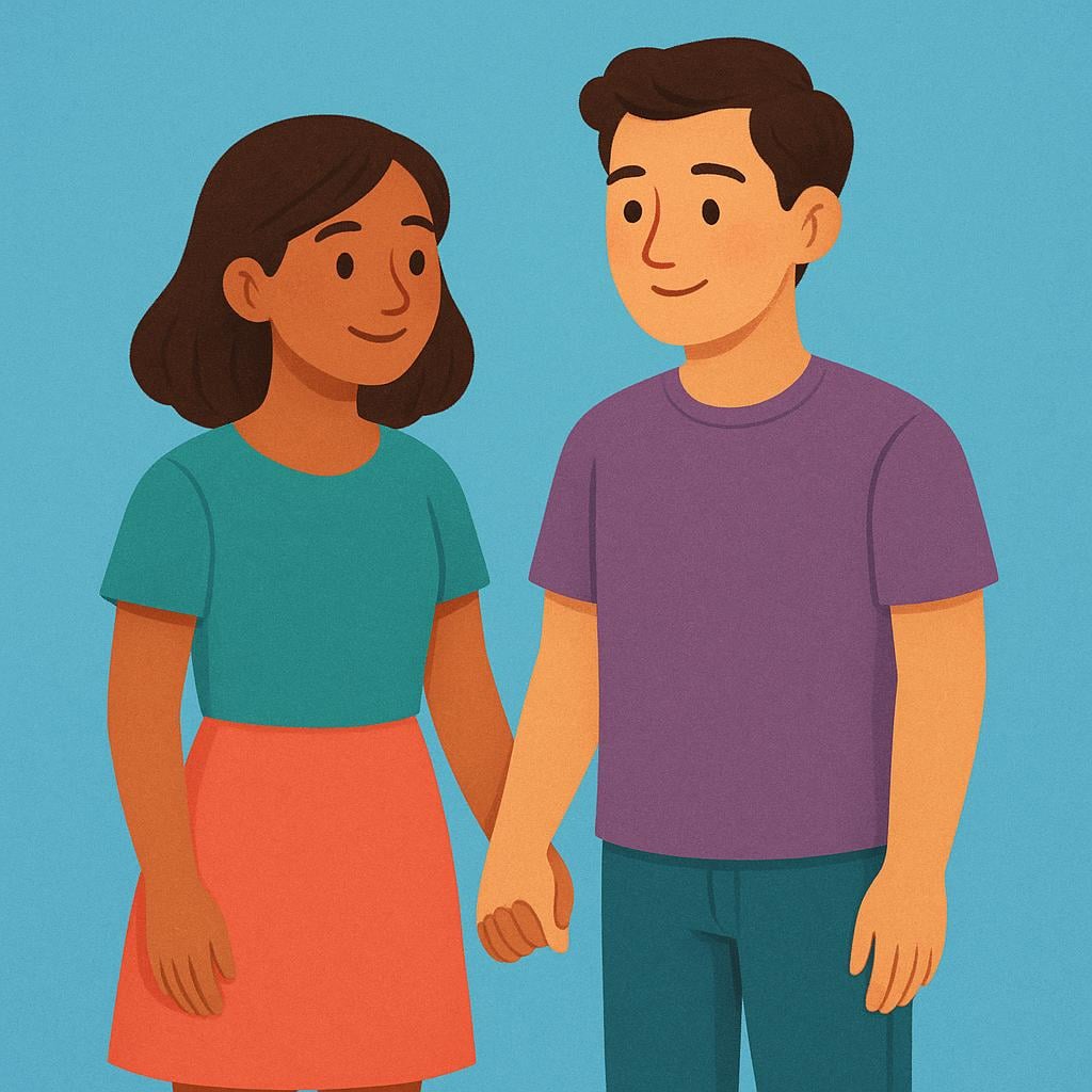 A man and a woman standing close together and holding hands, illustrating romantic partners.