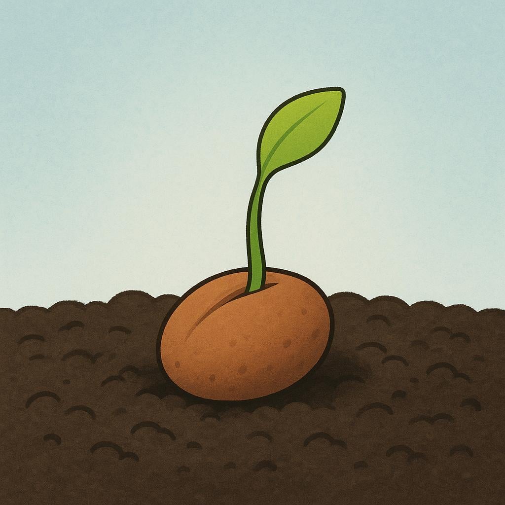 A tiny green sprout is just emerging from a small brown seed resting in dark soil, symbolizing an event that will happen.