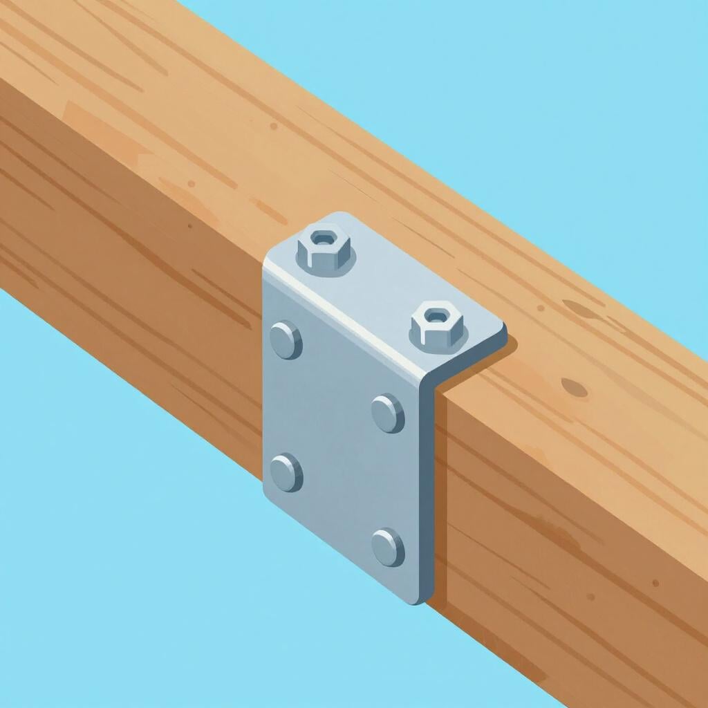 Een dikke houten balk die wordt ondersteund door een nieuwe metalen beugel en bouten.