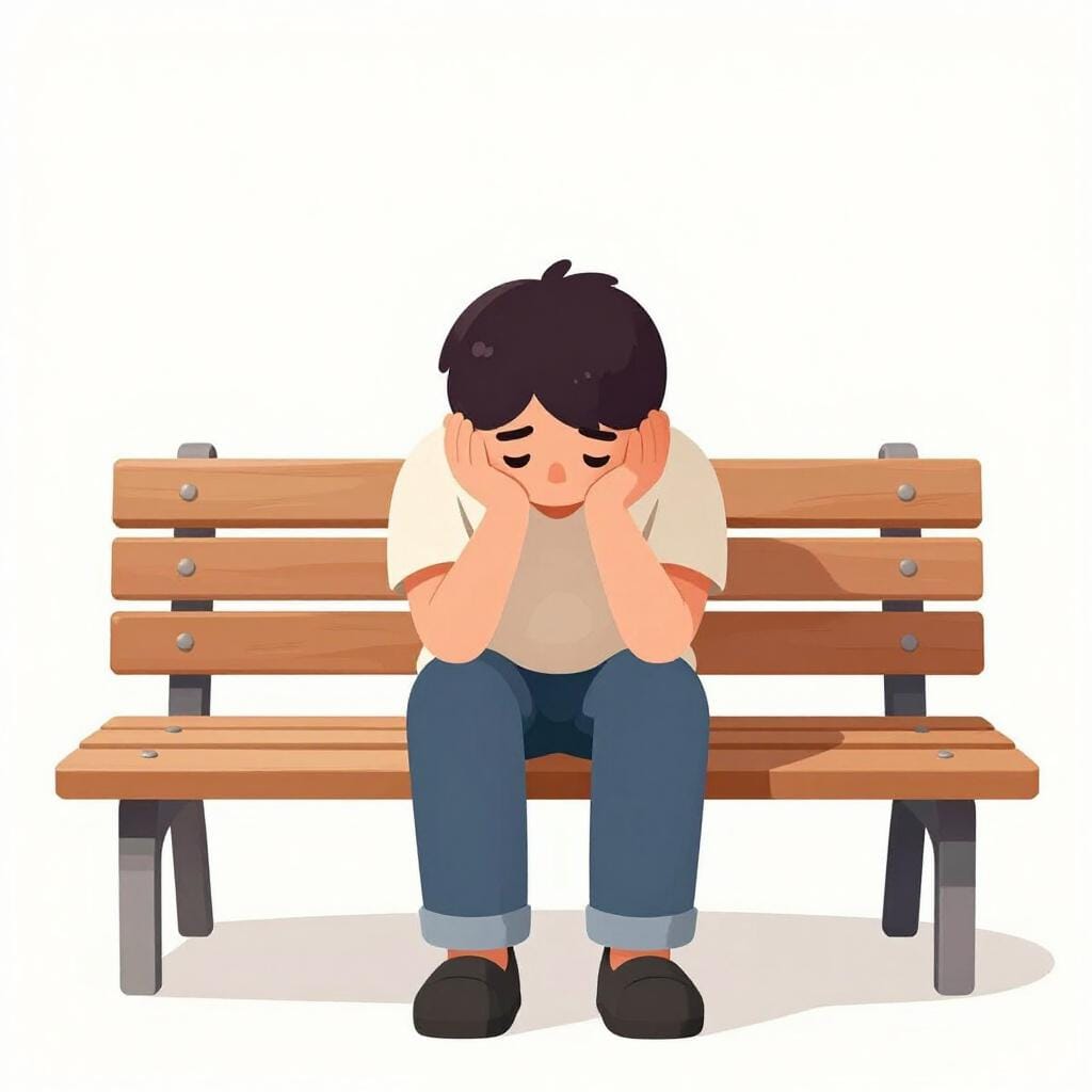 A sad character sitting on a park bench with slumped shoulders and a hanging head, looking discouraged.