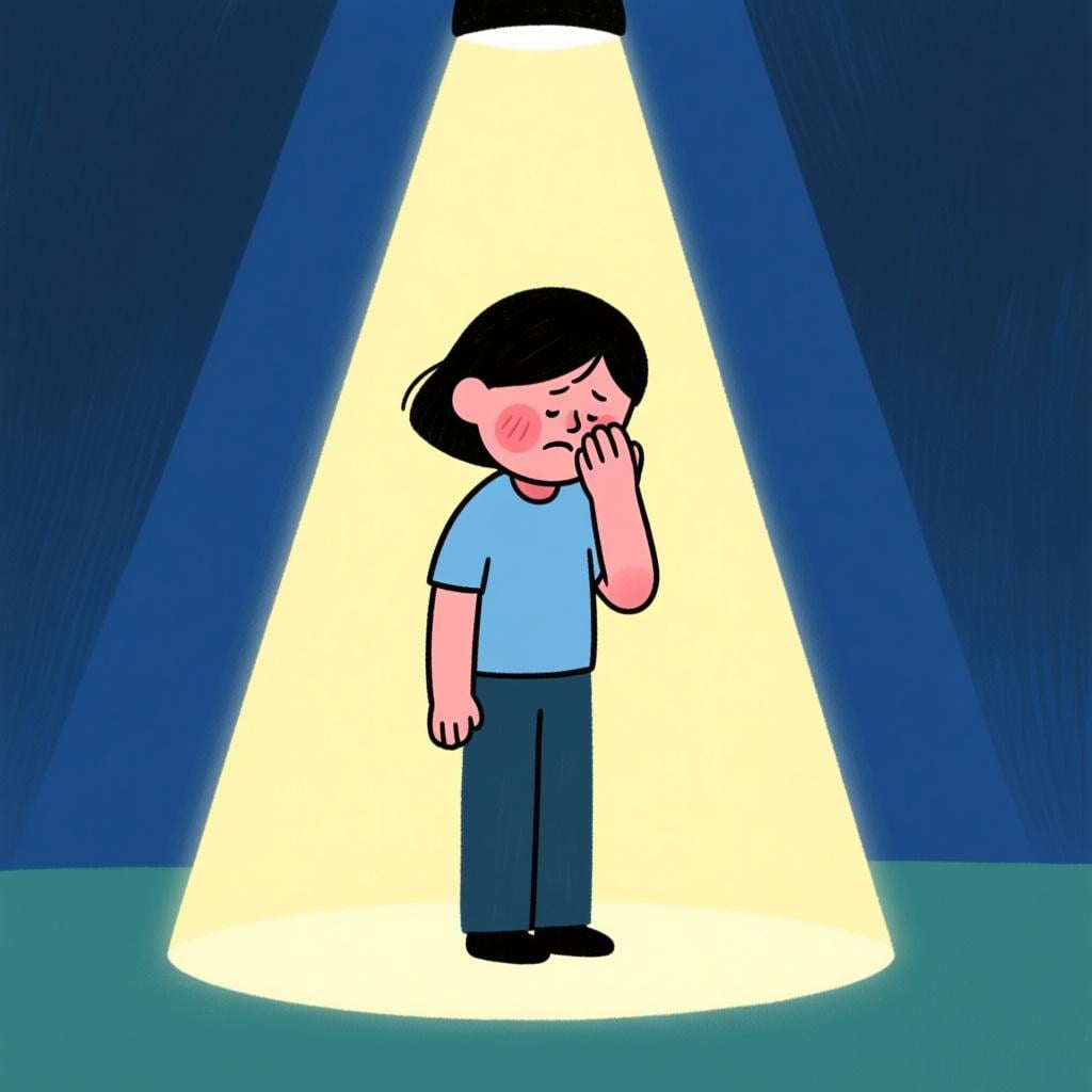 A person standing awkwardly in a spotlight, blushing intensely and covering their mouth, illustrating shyness.
