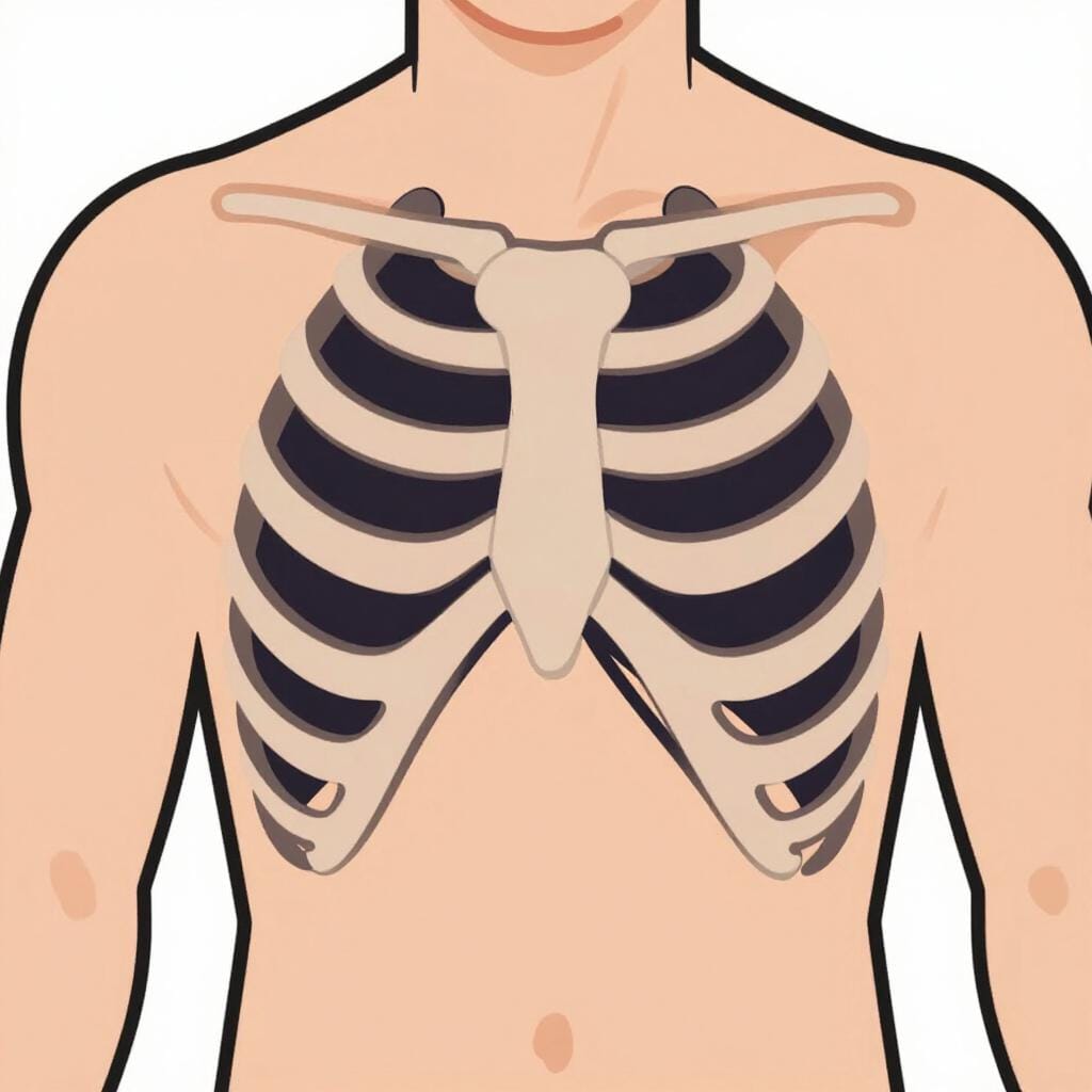 Eine vereinfachte Illustration des oberen menschlichen Torsos, die den Brustkorb- und Rippenbereich hervorhebt.