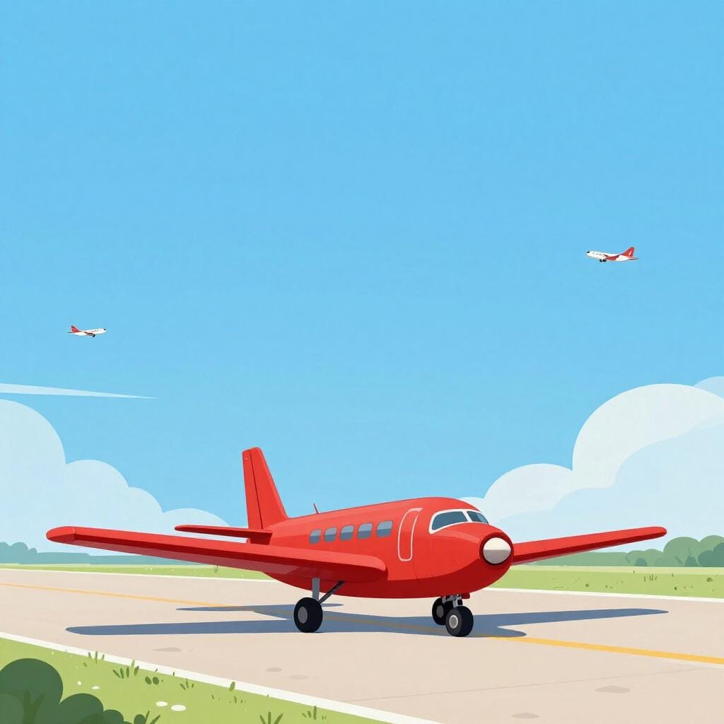 滑走路で他の飛行機が遠くを飛んでいる間、明るい太陽の下で待っている一機の赤い飛行機。