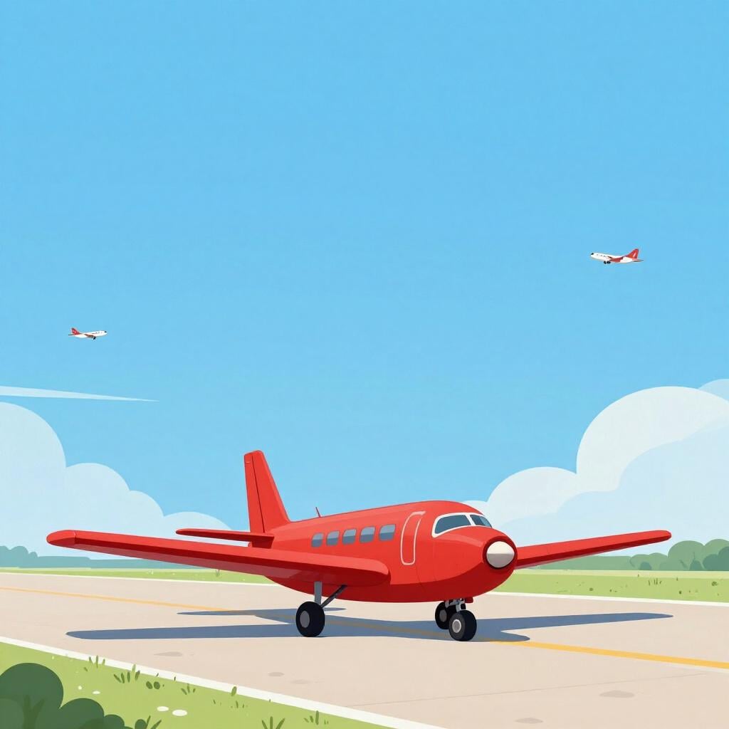 滑走路で他の飛行機が遠くを飛んでいる間、明るい太陽の下で待っている一機の赤い飛行機。