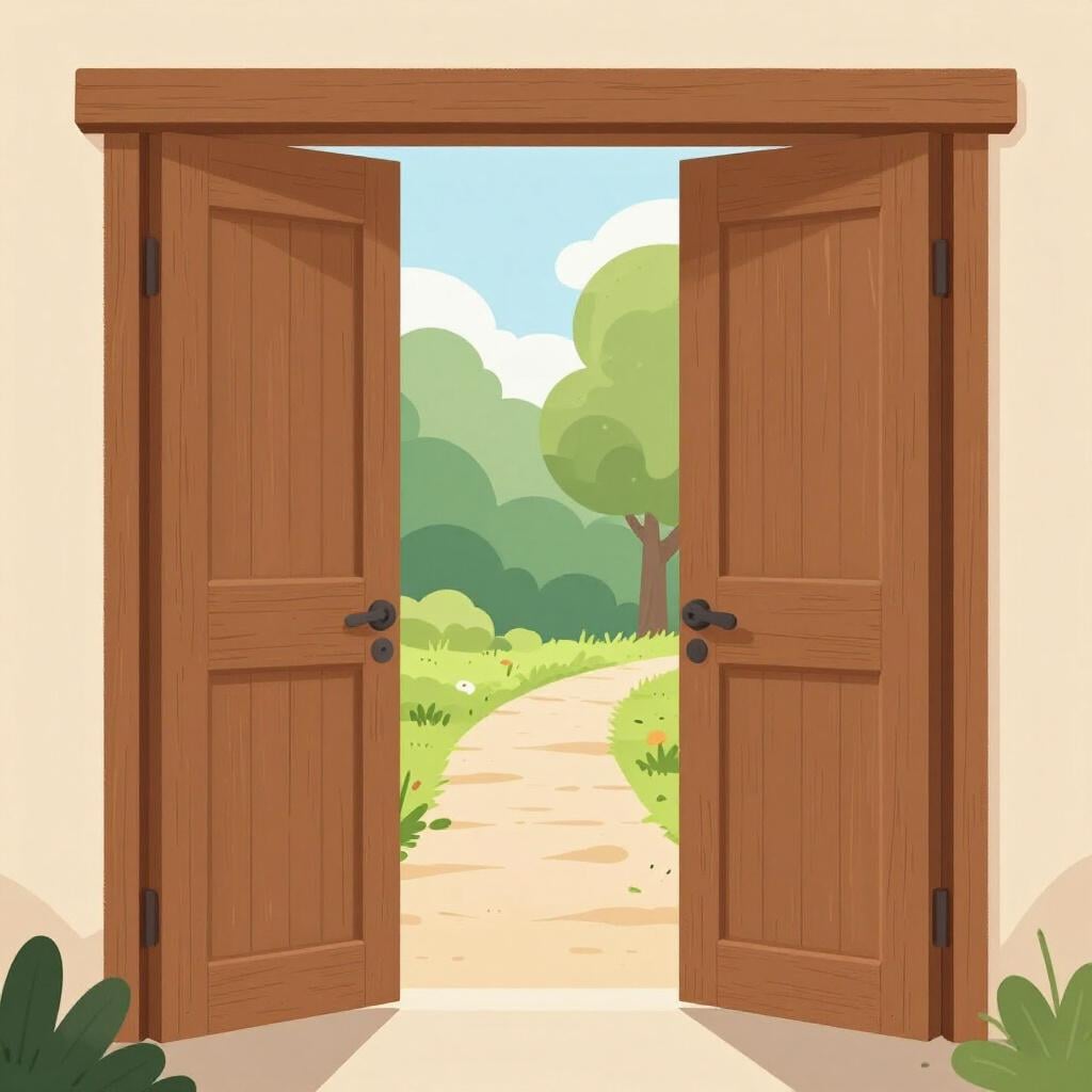 A large, sturdy wooden door is standing wide open, revealing a bright, inviting path beyond, symbolizing allowance or permission.