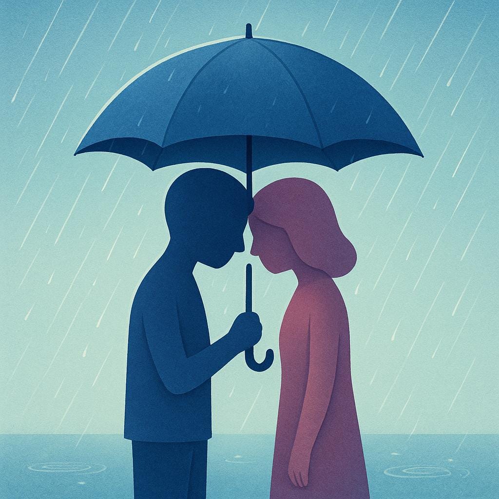 두 개의 스타일화된 실루엣이 부드러운 비 속에서 우산 하나 아래 가까이 서서 이마를 맞대고 있으며, 이는 감정적 친밀감과 로맨스를 나타냅니다.