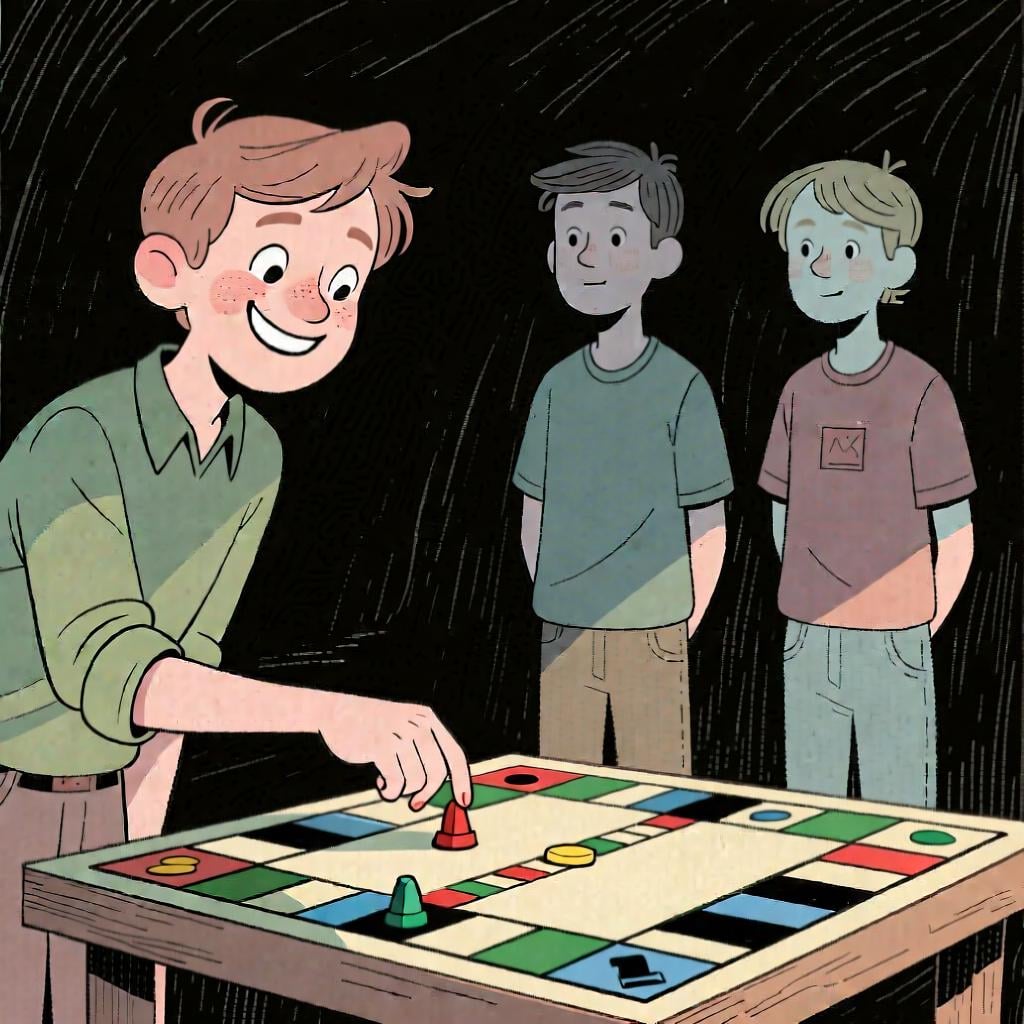 Three people in a line, with the person at the front holding a board game piece, indicating it is their turn to play.