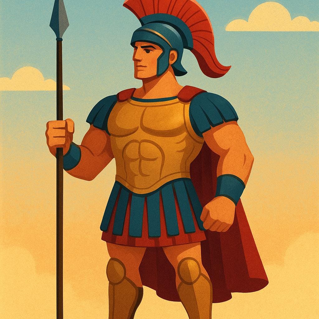 A stylized depiction of a powerful warrior wearing a Roman crested helmet and holding a long spear, representing the God of War.