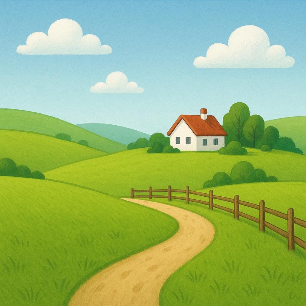 A simple storybook illustration of a clearly defined rural area. The scene shows green fields, a small path, and a few distant trees, all contained within a simple, low wooden fence marking the boundary.