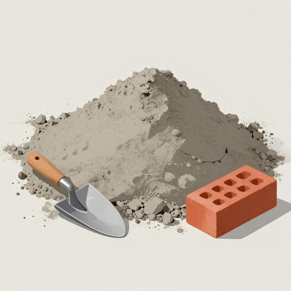 A pile of grey cement powder next to a trowel and a brick.