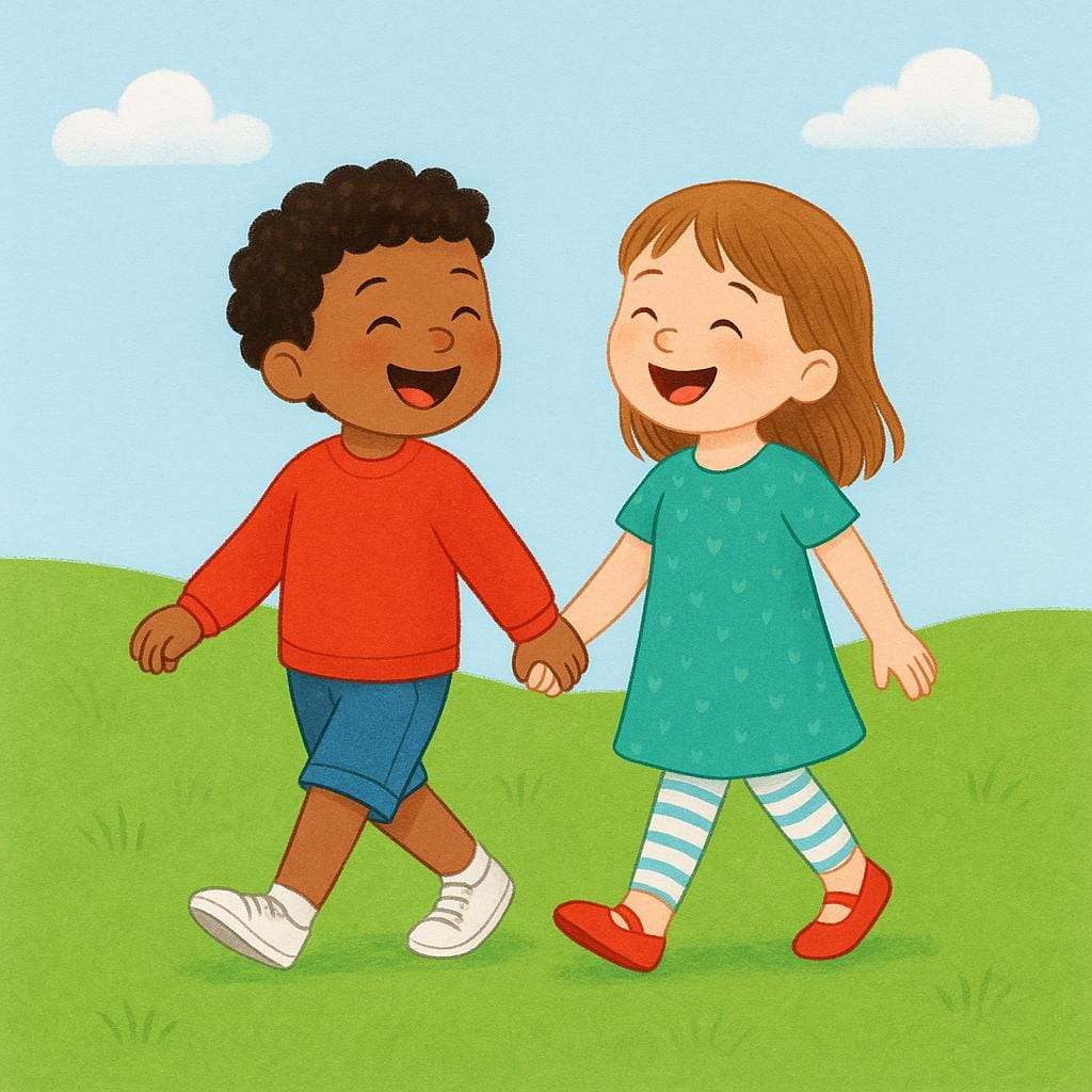 Two children smiling and holding hands while walking together on a grassy hill, symbolizing close companionship and friendship.