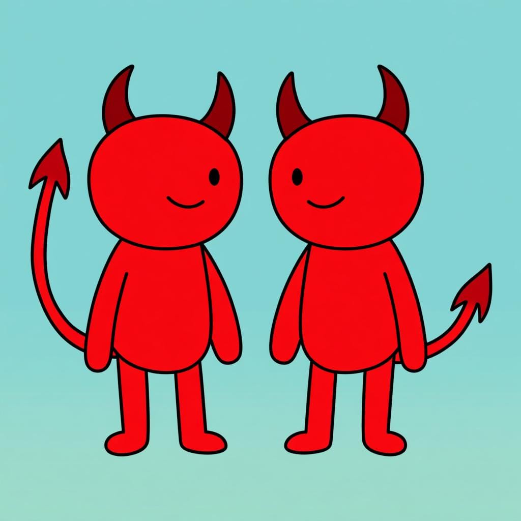 Twee vereenvoudigde, cartooneske figuren van rode duivels, compleet met hoorns, drietanden en puntige staarten, naast elkaar staand.
