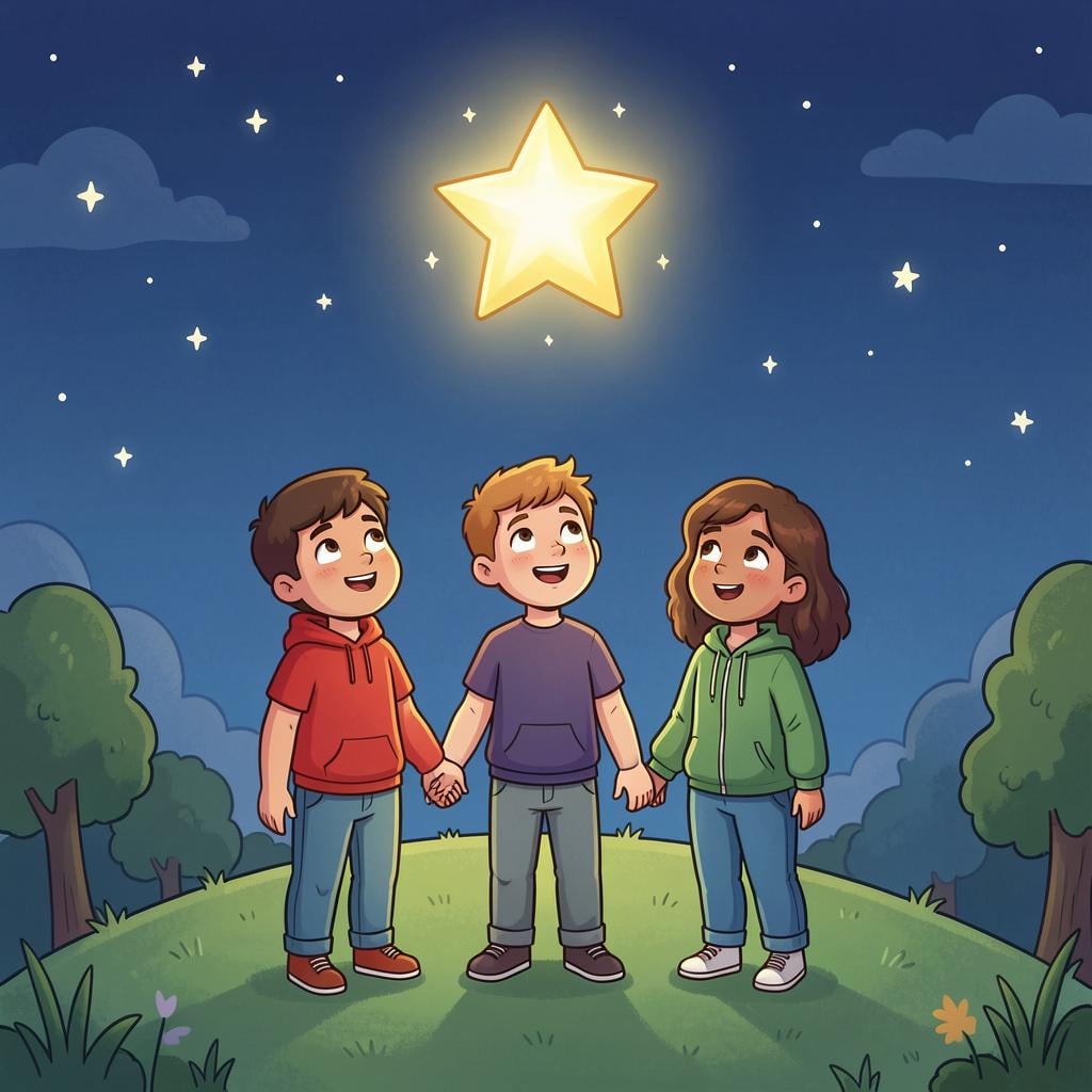 A group of happy friends looking toward a bright star in the night sky with hopeful expressions.